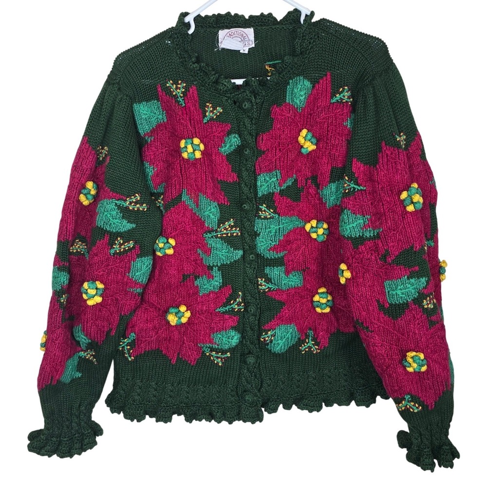 Vintage Traditional Trading Co‎ Chunky Knit Poinsettia Cardigan Sweater M